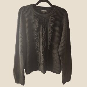 Liverpool Los Angeles Black Cable Knit Fringe Sweater Large Boho Western Grunge